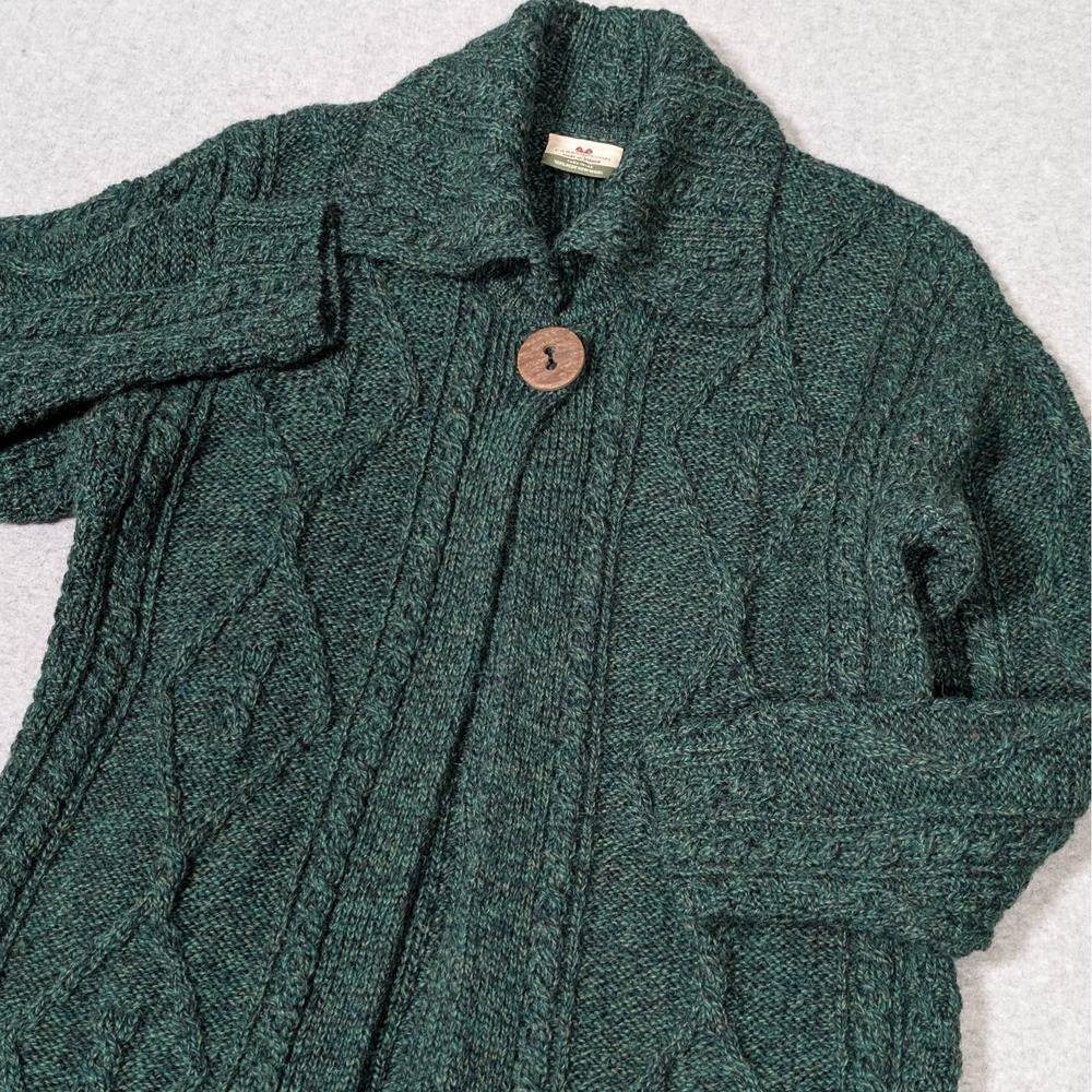 VTG Carraig Donn Irish Wool Cardigan Sweater Womens Medium Cable Knit Green
